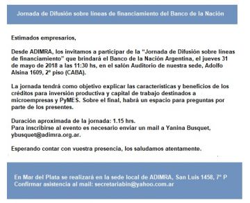 Jornadas de Difusión sobre líneas de  Financiamiento del Banco de la Nación ( BNA )